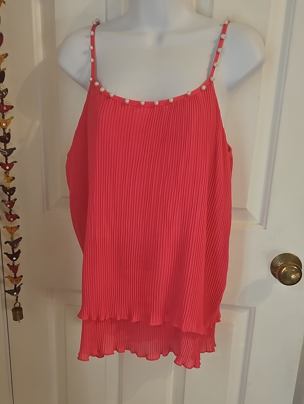 Pink Tank Top With Pearls Along Neckline And Straps